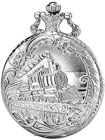 MORFONG Herren Damen Taschenuhr Analog Quarzwerk mit Kette Dampflokomotive Silber