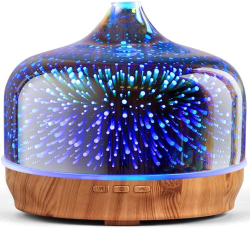 Porseme 500ml Large Glass Scented Oil Diffuser,Handmade 3D Ultrasonic Aromatherapy Humidifiers,Color Changing Cool Mist Essential Oil Diffuser, BPA Free and Waterless Auto-off for Home,Office,Spa