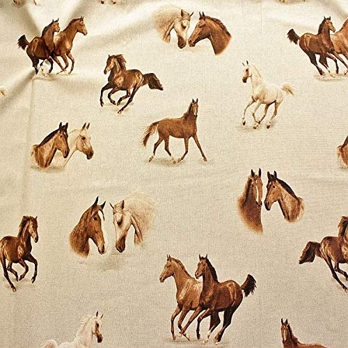 STOFFKONTOR Dekostoff bedruckt Halbpanama Leinen Optik Pferde 2 - Öko-Tex Standard 100 - Meterware, natur - zum Nähen von Tischwäsche, Kissen, Vorhängen, Dekoartikeln uvm.