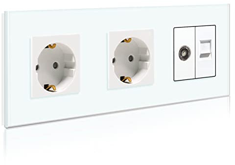 BSEED Schuko Steckdose mit 1/2 PC mit TV Weiß Glas Panel Steckdose Glas TV antenna coaxial and RJ55 Cat5e Ethernet 16 Amp Steckdose 228mm Doppelt Wandsteckdose Verlängerungssteckdosen