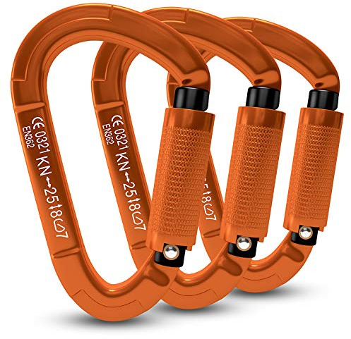 FVW 3 Pieces Heavy Duty Climbing Carabiners, 25KN UIAA Certified Auto Locking Rock Climbing Carabiners Clips for Hammocks, Swing, Locking Dog Leash and Harness, Camping, Hiking & Utility (Orange)