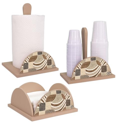Lupia - Set 3 pezzi NEW VINTAGE TILES Porta Bicchieri, Porta Tovaglioli e Porta Rotolo in legno, Stile vintage shabby, Decorazione foglie, Adatto a stili moderni e classici, Legno