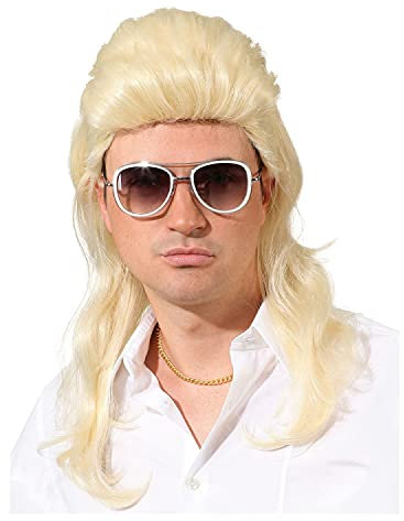 WOOOOZY NEU Perücke Herren Proll Vokuhila 80er, Altrocker, blond - mit Haarnetz