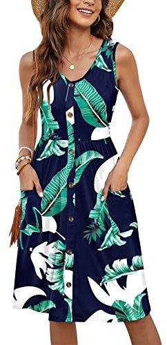 MOLERANI Damen ärmellose locker sitzende Florale A-Linie ausgestellte Kleider (Print Blau, XL)