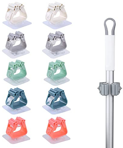 TACYKIBD 10PCS Mop Broom Holder Wall Mounted,No Drilling Mop Brush Holder Self Adhesive,Cleaning Products Organiser for Kitchen Garden Bathroom Garage Office (5 Colors)