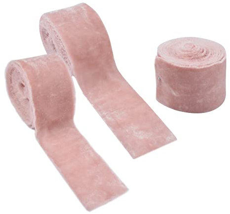 URROMA Nastro in velluto rosa polverosa, 3 rotoli di tessuto in velluto con frangia e pizzo singolo lato in raso per confezioni regalo di nozze, fiocchi per capelli, disposizione dei fiori