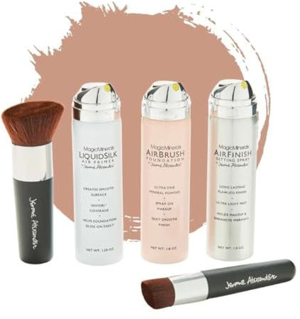 Jerome Alexander Magic Minerals AirBrush Foundation Set 5 St.Foundation + Primer & Fixier Spray + 2 Pinsel – Integriertes Make-up mit Hautpflege feuchtigkeitsspendend (Warm Beige, 50 + 50 + 45 ml)