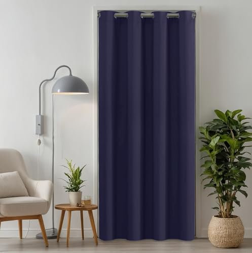 tinycurtains, Türvorhang mit Vorhangstange & Magneten zum Abdichten, einfache Montage ohne Bohren in 1 Min (210 x 150 cm blau + Stange Silber 70–120 cm + 6 Magnete)