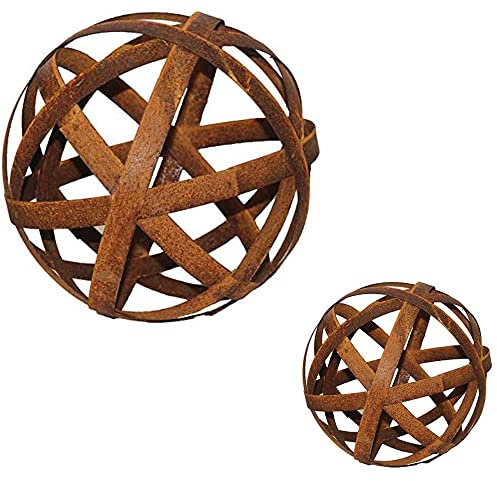 Bornhöft Kugel Set 30cm + 20cm Metall Edelrost Rost Streifenbandkugel Eisen Deko Gartendeko Bänderkugel Stahlbandkugel Garten rostige Gartenkugel