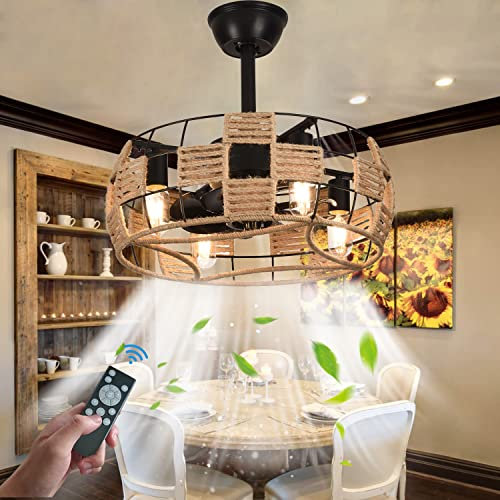 Retro Caged Ceiling Fans with Lamps E27 Industrial Hemp Rope Ceiling Fan with Light and Remote Control Silent Vintage Fan Chandelier for Bedroom Living Room Dining Room Kitchen Fan Lighting Lounge