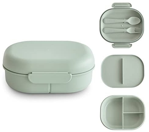 mushie Fiambrera Infantil Lunch Box | Divisor y compartimentos con tapas bloqueables | Con cubiertos tenedor y cuchara plástico sin BPA (Sage)
