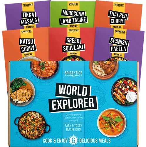 Spicentice World Food Explorer Recipe & Spice Gift Set - 6 Pack, 100% Natural - Japanese Katsu Curry, Spanish Paella, Thai Red Curry, Greek Souvlaki, Moroccan Tagine & Indian Tikka Masala