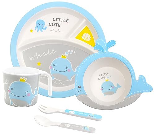 Kids Feeding Set 5 Pcs, Tableware Set for Toddlers Includes Plate Bowl Cup Fork and Spoon Utensil Flatware, Kids Flatware Set Dishwasher Safe, BPA Free (Whale)