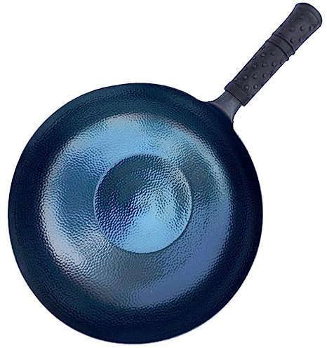 AZHANGYB Flat Bottom Wok Pan, No Chemical Woks and Stir Fry Pans with Lid, Carbon Steel Wok with Detachable Wooden Handle for All Stoves (Without Cover 28cm)