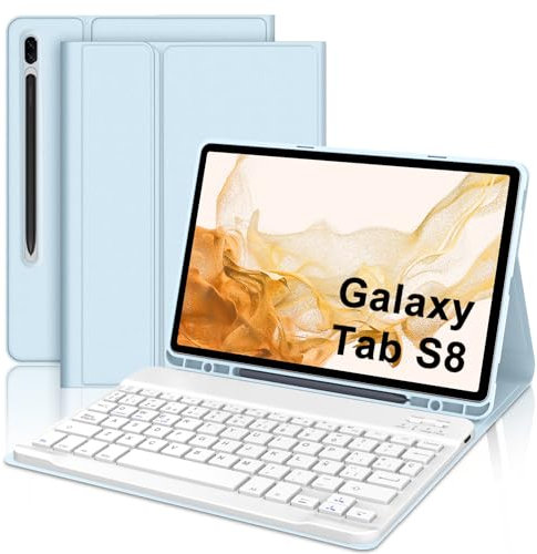 IVEOPPE Funda Teclado Samsung Tab S8 2022 - Funda Teclado Samsung Tab S7 2020, Teclado España Ñ Bluetooth para Samsung Galaxy Tab S8/S7 11 (SM-T870/T875/T878/X700/X706), Azure
