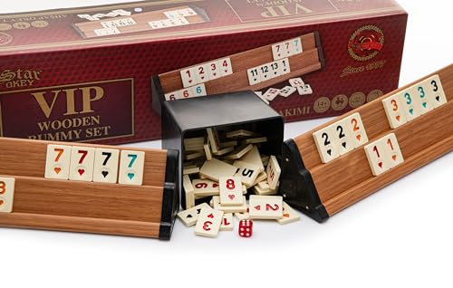 TruWare Just Camp Rummy Spiel Set aus Holz mit Melamin Steinen | Rommé Star Okey Deluxe VIP hell Gesellschaftsspiel Legespiel mit Würfel