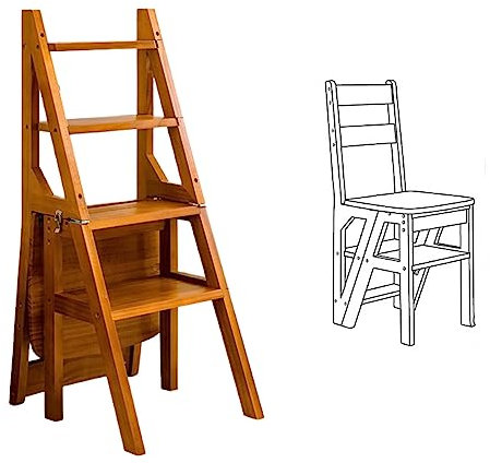 Solid Wood Folding Library Ladder Chair，4-Step Stool Dual Purpose Stepladders，Comfortable Wooden Folding Garden Chair - Portable Outdoor Furniture for Patio, Balcony, Camping (Walnut)
