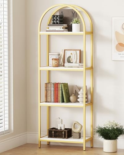 Yusong Bookshelf 4 Tier Arched Bookcase, 71.3 Tall Industrial Open Book Shelves for Living Room, Modern Freestanding Display Shelving Storage Rack Metal Frame, Office, Bedroom,Gold White