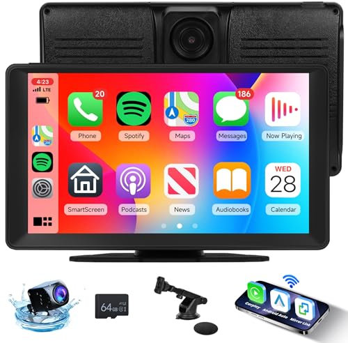 Rimoody Portable Wireless Carplay Android Auto Screen Portable Car Stereo with 4K Dash Cam, 9” Touchscreen 1080P Rear Camera,ADAS, Portable Car Play, GPS, Dual Bluetooth, Mirror Link, AUX/FM