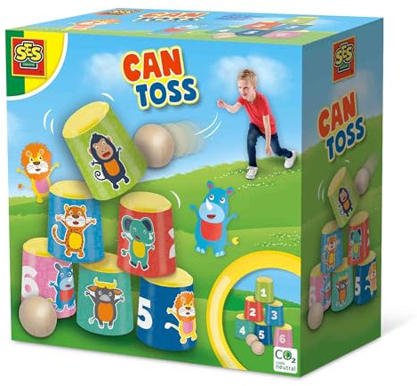 SES Creative 02311 - Can toss, colourful cans with wooden balls, agility game for children