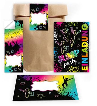 Limonia 6 Einladungskarten zum Kindergeburtstag Einladung Geburtstag Mädchen Kinder Jungs Jungen Boys Geschenktüte Set inkl. 6 Umschläge, 6 Tüten, 6 Aufkleber Jump-Party Trampolin