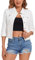 Anienaya Women's Jean Jacket Cropped Denim Jacket Stretchy 3/4 Puff Sleeve Distressed with Pockets, White, Small