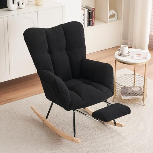 DEKKETO Schaukelstuhl mit Hocker, Gemütlicher Teddy Stillsessel zum Stillen, Schaukelsessel mit Fußstütze für Wohnzimmer Schlafzimmer, Bequeme Lesesessel für Kinderzimmer, Schwarz