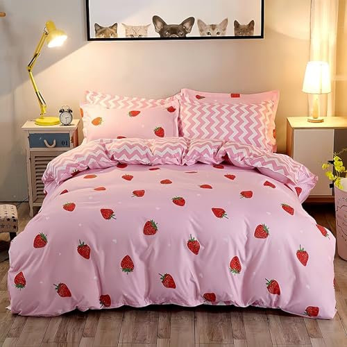 Tabeskly Kids Girls Bedding Set Double, Pink Strawberry Cute Soft Zipper Childrens Full Bed 3 Piece Cover Duvet Quilt Covers and Pillowcases - Mildly Cosy Budget Bedclothes 200×200cm