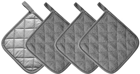 Set di 4 presine da cucina in puro cotone resistente al calore, sottopentola, sottobicchieri grandi, sottopentola in spugna, per cucinare e cuocere tutti i giorni, 17,8 x 17,8 cm, colore: grigio scuro