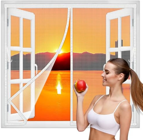 Magnetisches Fliegengitter BalkonFenster 225x150 cm, Fliegengitter Fenster mit Fenstergriff Reach Einzelner starker Magnet entlang des gesamten Fliegengitter Weiß Neuste-Version
