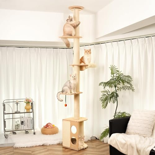 MEWOOFUN Kratzbaum Deckenhoch, Katzenbaum Deckenspanner Dicke Stämme vom Boden bis Zur Decke Verstellbar, Katzenturm mit Hängematte und Katzenhöhle, Höhenverstellbar (257-275cm), Beige