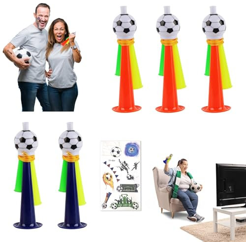 Stadion Tröte,5 Stück Fan Tröte Fussball,Kommt mit 1 Fußball-Tattoo-Aufkleber,Hupen Gas Tröte in Fußball,Megaphon Style Gashupe Lufthorn Handball,Signal Horn für Fußball-Themenparty,Weltmeisterschaft