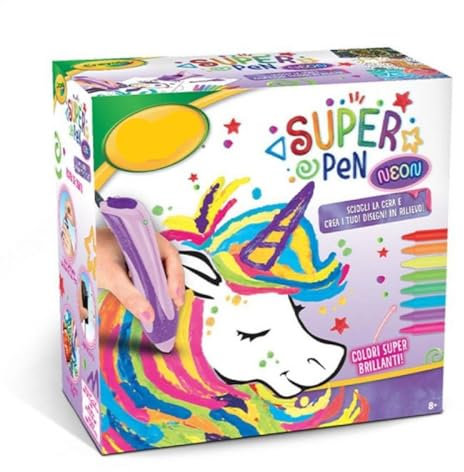 Super Pen Einhorn Neon zum Schmelzen von Wachsmalstiften und zum Erstellen von Reliefzeichnungen - Geschenkidee für Kinder + Schlüsselanhänger Pailletten und Meerjungfrauenstift