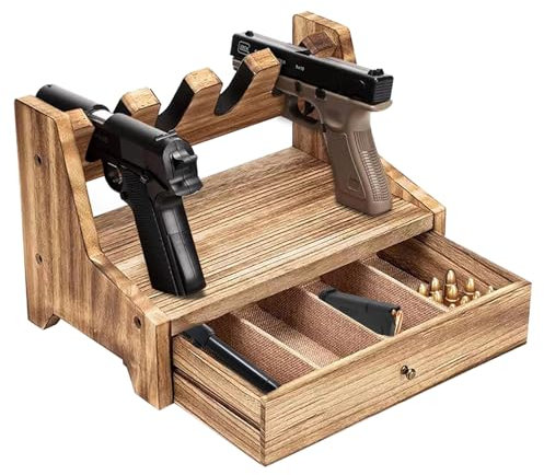 OUGPIU Pistolenregal Pistolen Aufbewahrung Fasst 4 oder 6 Pistolen,Massivholz Pistolenständer,Pistolensammelregal mit Schublade,Sichere Pistolenaufbewahrung,zur Pistolenpräsentation