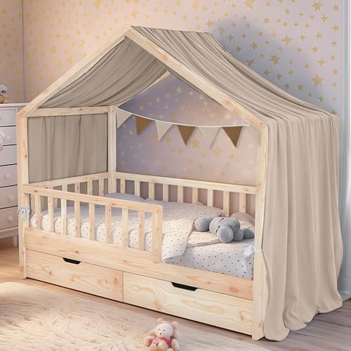 ToxyJopy Hausbett Himmel aus 100% Musselin Baumwolle – Handgemachte Hausbett Deko mit Stoffvorhang – Betthimmel für Hausbett