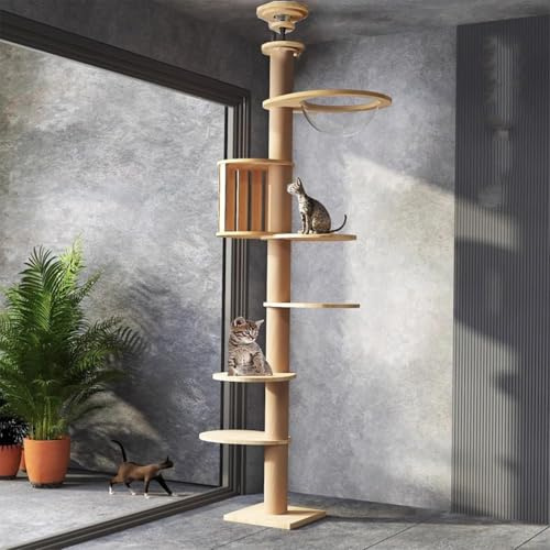 Kratzbaum vom Boden bis zur Decke – höhenverstellbar (241,3–248,9 cm, 264,9–274,8 cm) – hoher Kratzbaum mit einer Breite von 11 cm, Katzenhängematte, komplett mit Sisalseil umwickelt – robuster