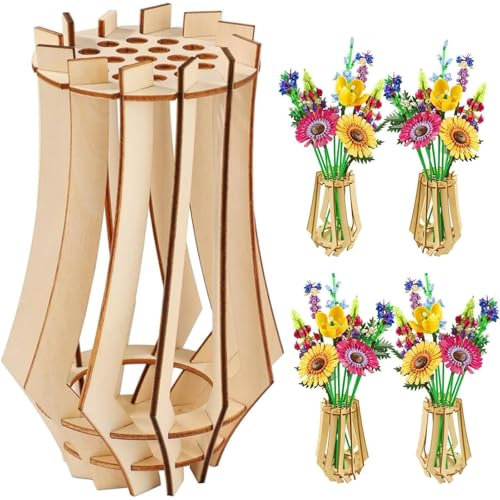 Holzvase für Lego Blumen, Holzvase für Lego Blumen, Vase für Blumenstrauß Bausatz Holzpuzzle Blumenvase Blumenständer für Blumen, Rosen, Kirschblüten, Sonnenblumen, Tulpen, Narzissen, Lotus (A)