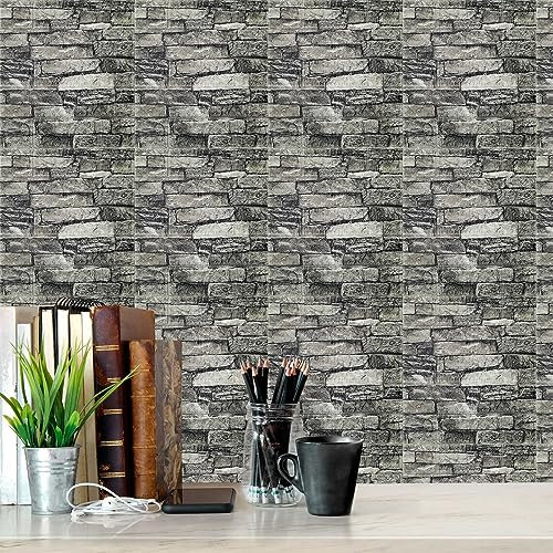 3D Tapete Wandpaneele Selbstklebend Ziegel,3D Ziegel Tapete,Steinoptik Tapete Wasserdicht Wandaufkleber,10 Stücke 38 * 35CM,DIY Wandtapete,Geeignet für Schlafzimmer,Wohnzimmer (Retro Schwarz, 35x38)