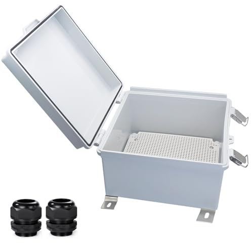 Wasserdichte Abzweigdose für den Außenbereich, wetterfest, IP67, ABS-Kunststoff, Schalter, Router, Projektbox mit Montageplatte mit Wandhalterung, 2 Kabelverschraubungen, Grau, 21 x 21 x 13 cm