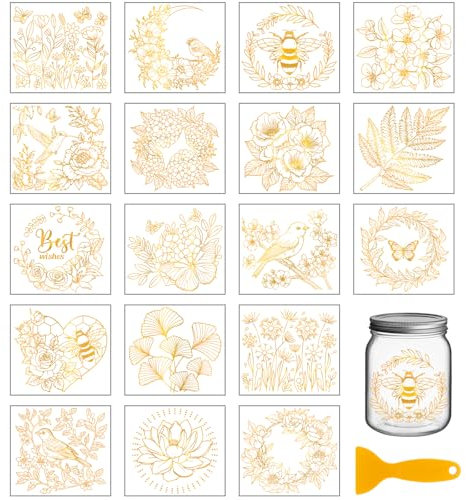 GLOBLELAND - 18 hojas de transferencia para frotar flores doradas de 3,9 x 3,6 pulgadas, hojas de ginkgo rosas, pájaros, mariposas, florero pegatinas para el hogar plantas tazas pegatinas de