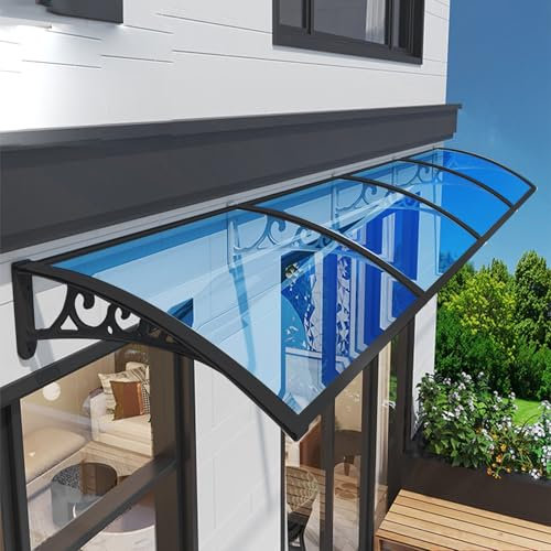 Tenda da sole per finestra, ingresso 120 x 150 cm, copertura frontale con supporto in plastica in acciaio, supporto nero, piastra blu, porta esterna, terrazza, parete, finestra, tenda antipioggia