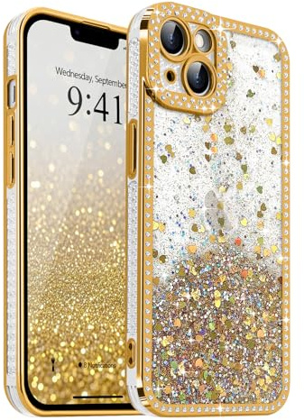 Ethanger Glitter Crystal Rhinestone Case for iPhone 14, Gold | Sparkling Gradient Bling Back, Crystal Diamond Design Cover, Protective Shockproof for Women Girls