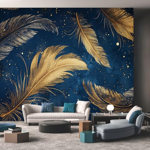 Générique Papier Peint Panoramique Plume Bleu Dorée - Papier Peint Plume - Deco Chambre Salon - Fresque Murale - Wallpaper - 310x250 cm C638