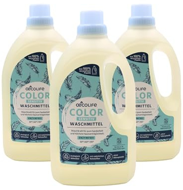 œcolife Colorwaschmittel sensitiv | Flüssigwaschmittel 3x1,5L | enzymfrei | hautfreundliches enzymfreies Buntwaschmittel ohne Duft | biologisch abbaubar & duftneutral | starke Fleckenentfernung