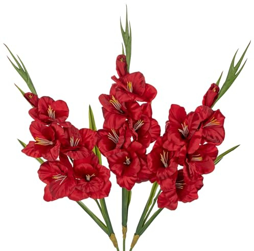 Oairse Burgundy Gladiolus Artificial Flowers 3 Pcs Silk Flowers with Stems Fake Flower for Vase Spring Summer Indoor Decoration Faux Florals Stems Fillers for Table Centerpieces, Wedding, Home Decor