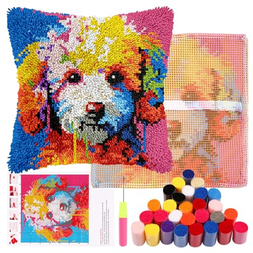 Knüpfhaken Kissen Kits Latch Hook Kissen Set für Kinder oder Anfänger Erwachsene DIY Latch Haken Kissenbezug Teppich Stickerei Set DIY Knüpfteppich Knüpfpackung für Home Sofa Dekor 43x43cm(Hund)