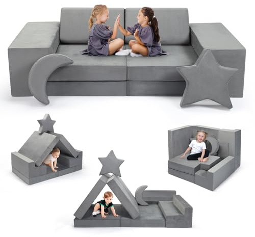 MINENICE Divano per bambini, Divano per bambini modulare, Combinazioni di blocchi morbidi multipli, Mobili per la camera da letto sofà per bambini, Sofà per bambini morbidi (9in1-Grigio puro)