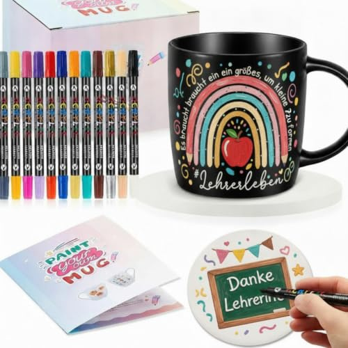 Sinmoe Kit Tasse à Peindre avec Tasse de Sublimation en Céramique sous-Verres et 12 Marqueurs Couleurs Kit Peinture sur Poterie à Personnaliser Cadeau pour Remise de Diplôme Enseignant(Élégant)