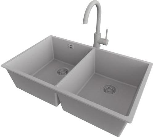 PRIMAGRAN Unterbauspüle Granit Grau 76x47cm, Spülbecken 2 Becken + Küchenarmatur 32x20cm + Ablauf-Set, Granitspüle ab 80er Unterschrank - London Twin