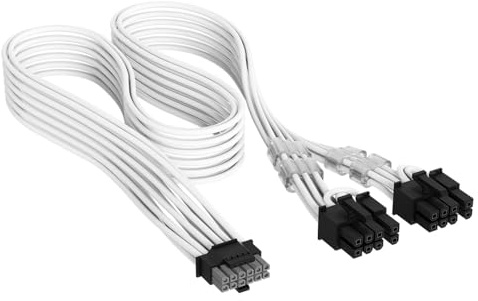 Corsair Elite Premium Cable de PSU PCIe 12V-2x6 to 2x 8-Pin (6+2 Split) con Funda Individual – Diseño Paracord de Malla de Triple Capa, Compatible with 12V-2x6 PSUs – Blanco